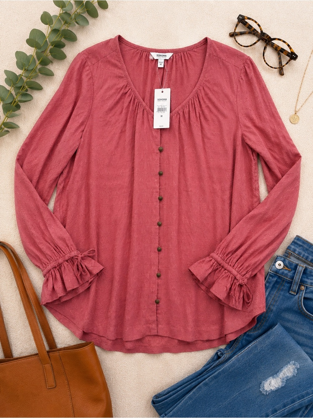 Sonoma Dusty Rose Textured Button Front Blouse Medium NWT Boho Peasant Top